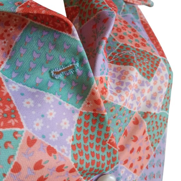 Vtg Large 1970's Blouse Polyester Granny Patchwork Print Short Sleeve Handmade - Picture 5 of 8